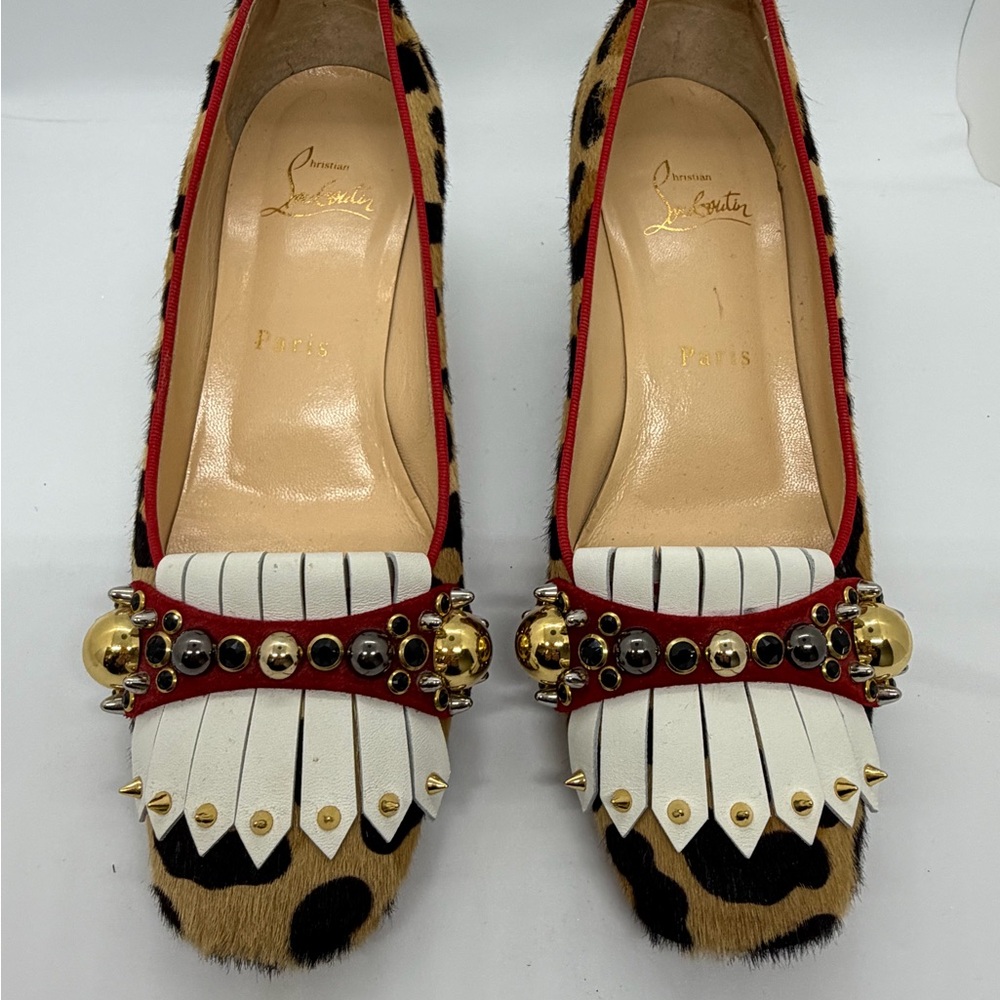 Christian Louboutin Pony Hair, Leopard Heels with Red and Gold Details
